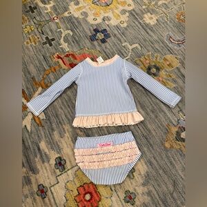 RUFFLE BUTTS Blue/White Striped & Pink/White Polka Dot Swimsuit. 2T. Excel Cond.